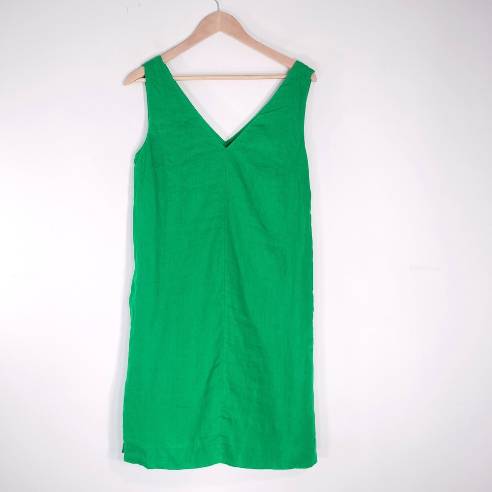 J.Crew Green Linen Shift Dress; V-Neck Sleeveless Pockets NWT - Picture 2 of 9
